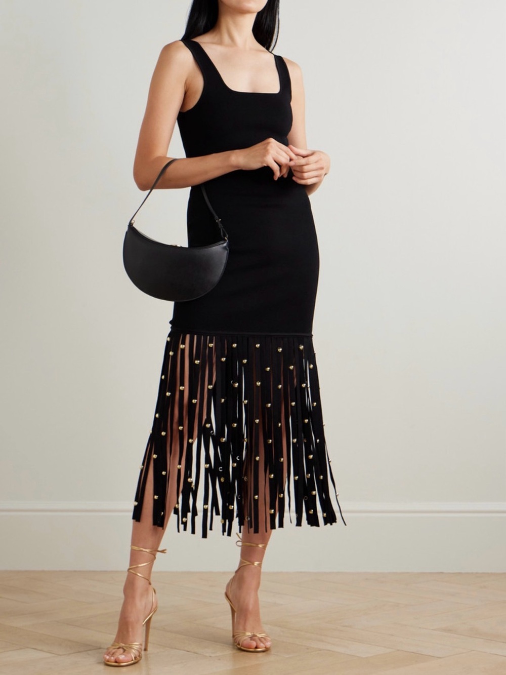 Jonathan Simkhai Black Midi Dress with Fringe and Gold Studs NWT small